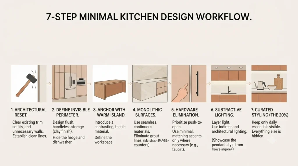 7-step minimal kitchen design workflow diagram for 2026