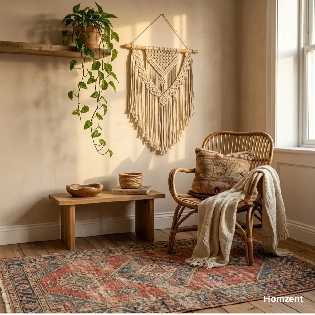 A living room with layered boho decor 