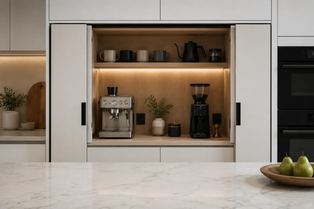 Minimal kitchen appliance garage with pocket doors_Grey Turcson