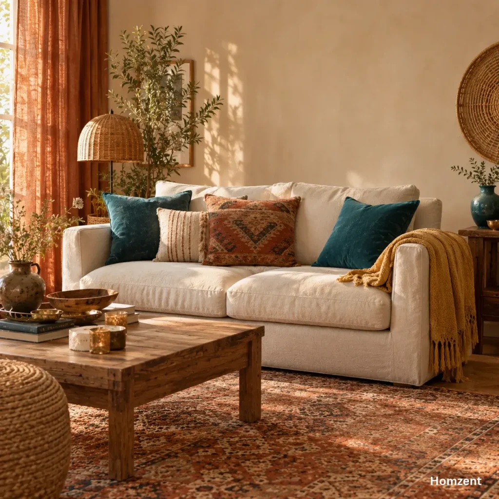 Boho-bedroom-color-palette-with-earth-tones-and-deep-teal-accent
