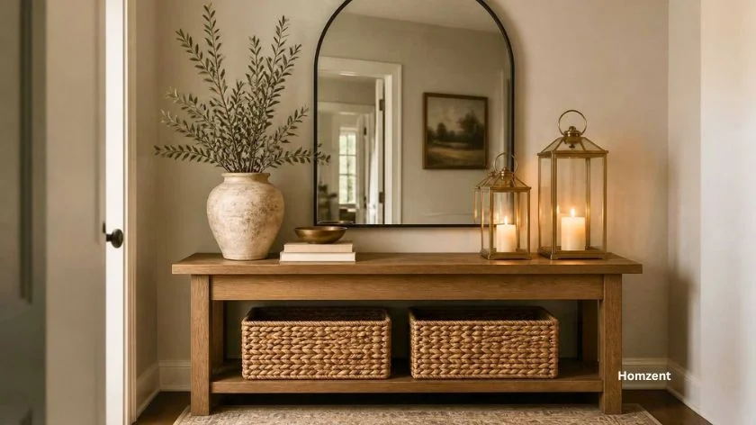 Bronze-candle-holders-and-rattan-storage-baskets-arranged