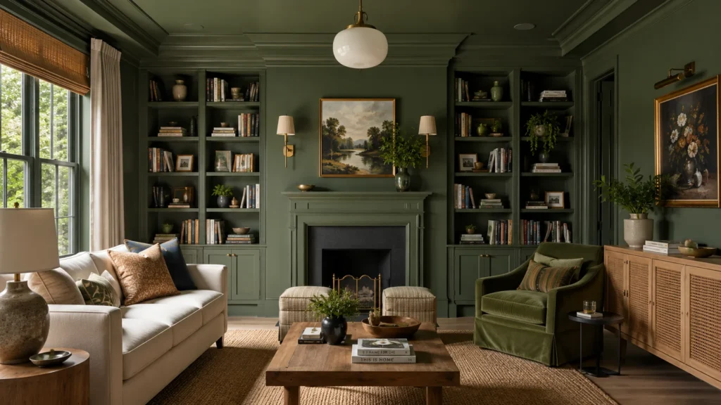 Colour-drenched-living-room-in-deep-green-with-built-in-bookshelves