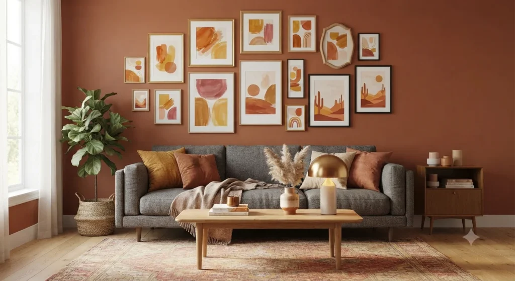 Colourful-gallery-wall-with-warm-toned-abstract-art-above-grey-sofa