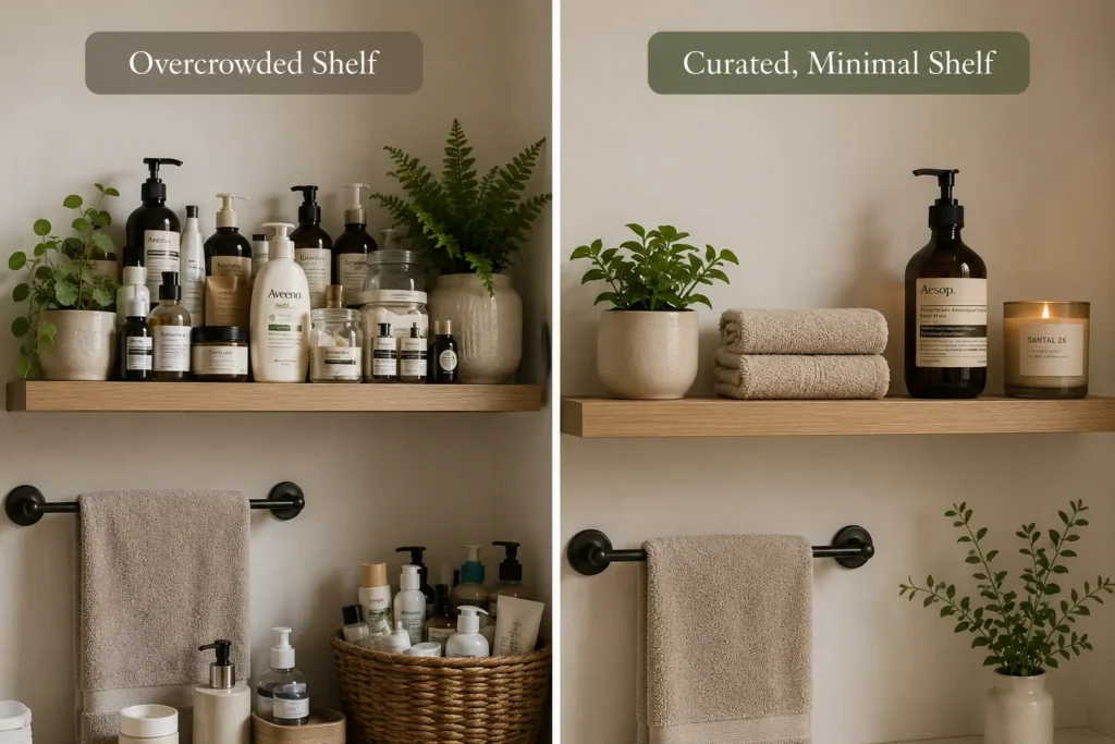 Common-small-bathroom-decor-mistakes-shelf-styling-cluttered-vs-curated