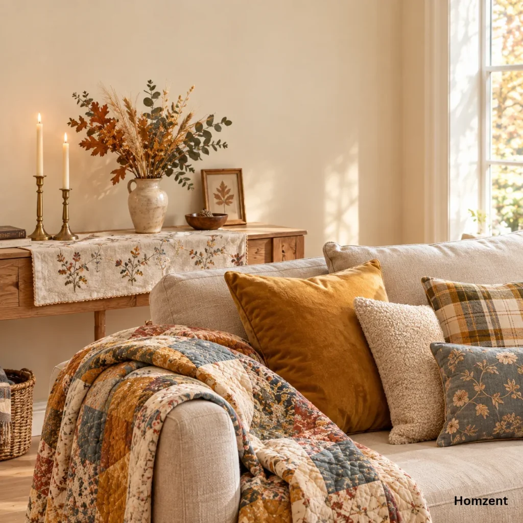 Console-table-styled-with-vintage-textiles-candles-and-fall-foliage