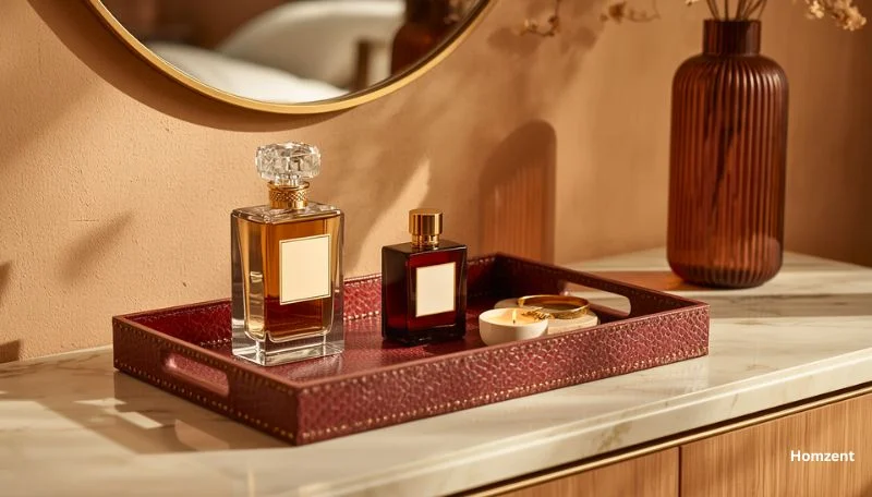Deep-burgundy-lacquered-tray-and-decorative-box-on-a-white-shelf