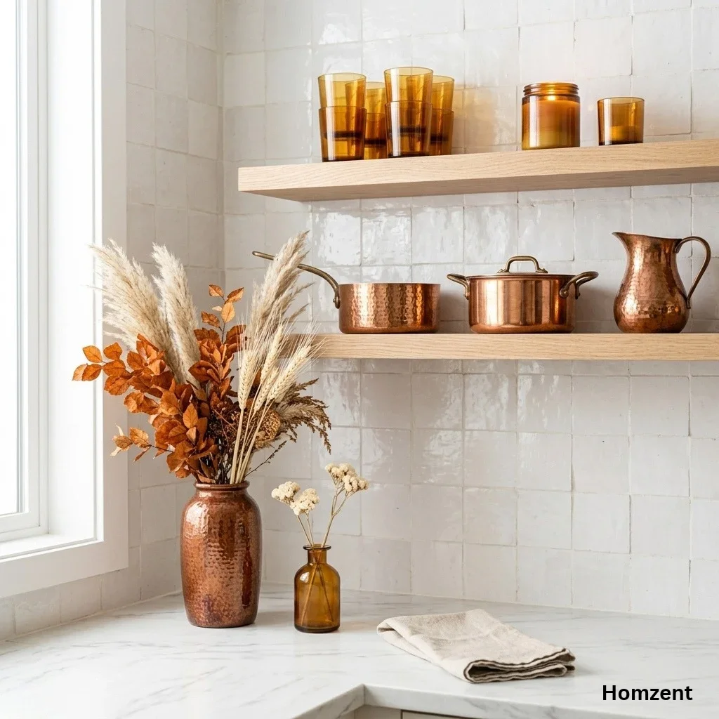 Dried-floral-arrangement-with-copper-and-amber-glass-fall-decor-accents