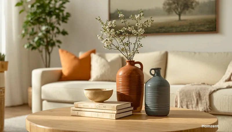 Earthy-toned-throw-pillows-and-ceramic-vases-in-brown