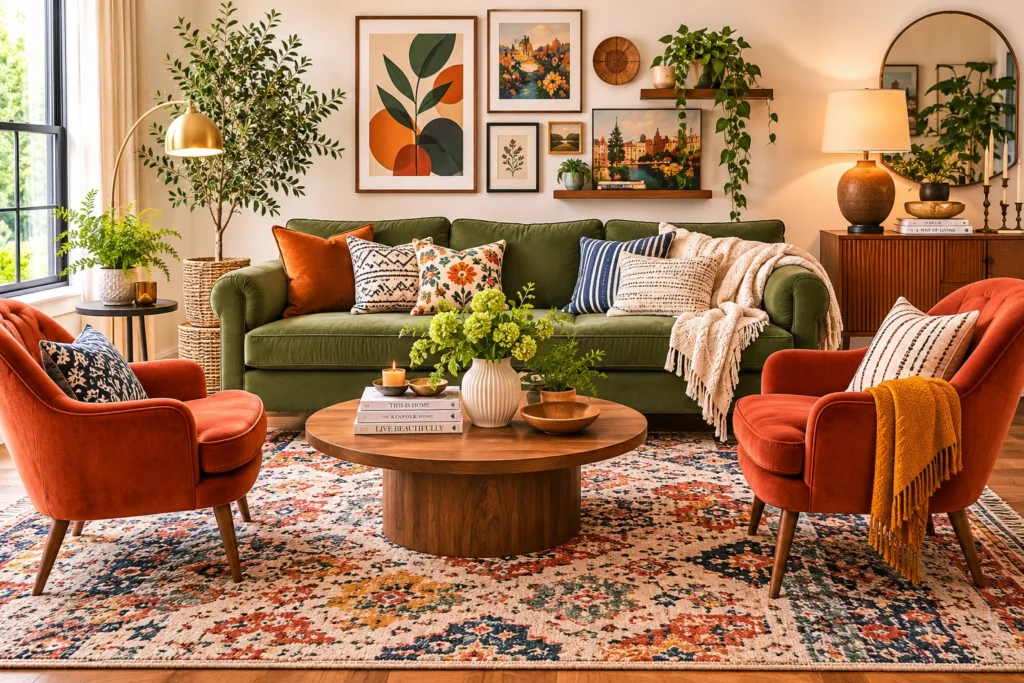 Eclectic-living-room-with-mismatched-green-sofa-and-terracotta-armchairs