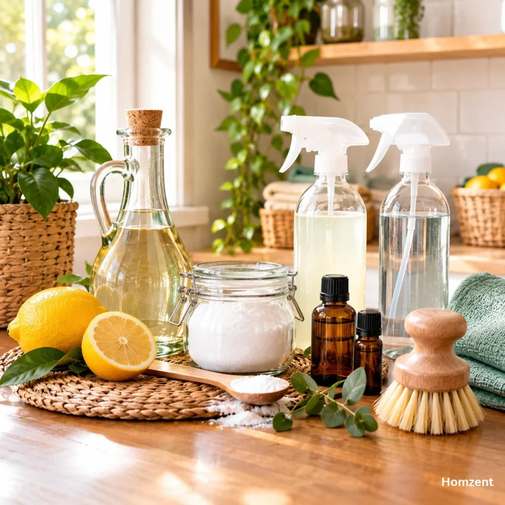 Eco-friendly-cleaning-supplies-with-vinegar-baking-soda-essential-oils-and-reusable-bottles