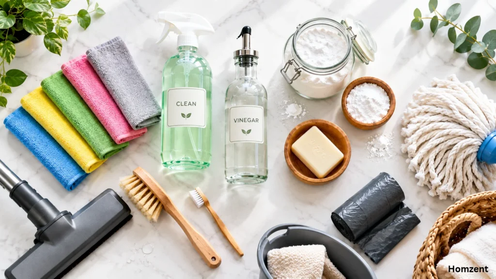 Essential-home-cleaning-supplies-including-microfiber-cloths-vinegar-and-baking-soda-arranged-on-white-surface