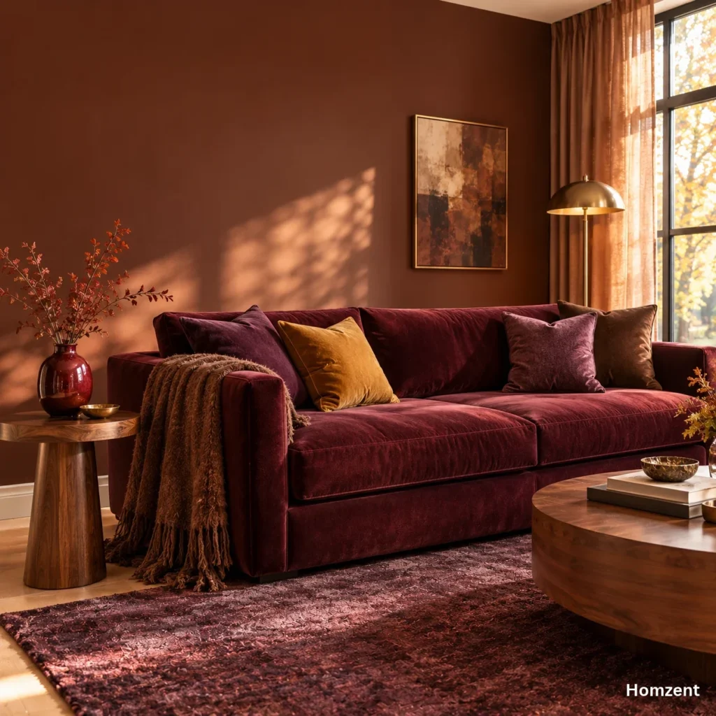 Fall-living-room-decor-in-deep-burgundy-plum-and-chocolate-brown-color-palette