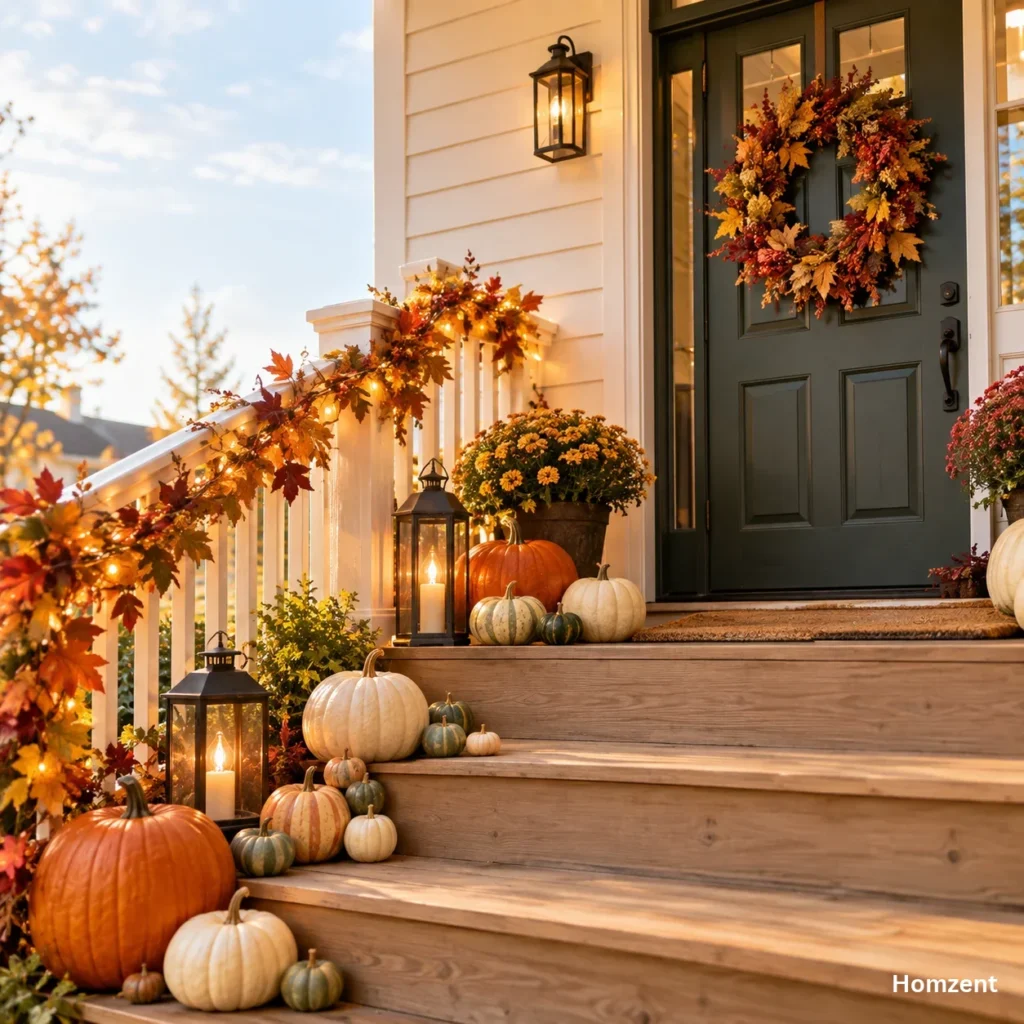 Front-porch-decorated-with-layered-pumpkins-black-lanterns-and-a-fall-wreath