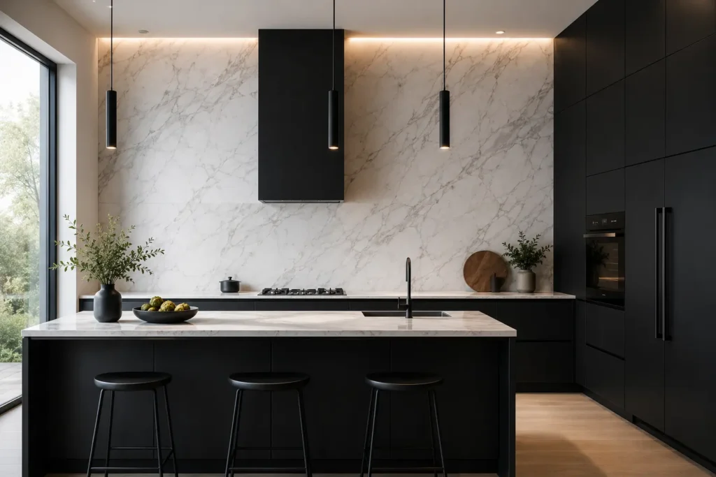 Minimal kitchen with full-height marble slab backsplash