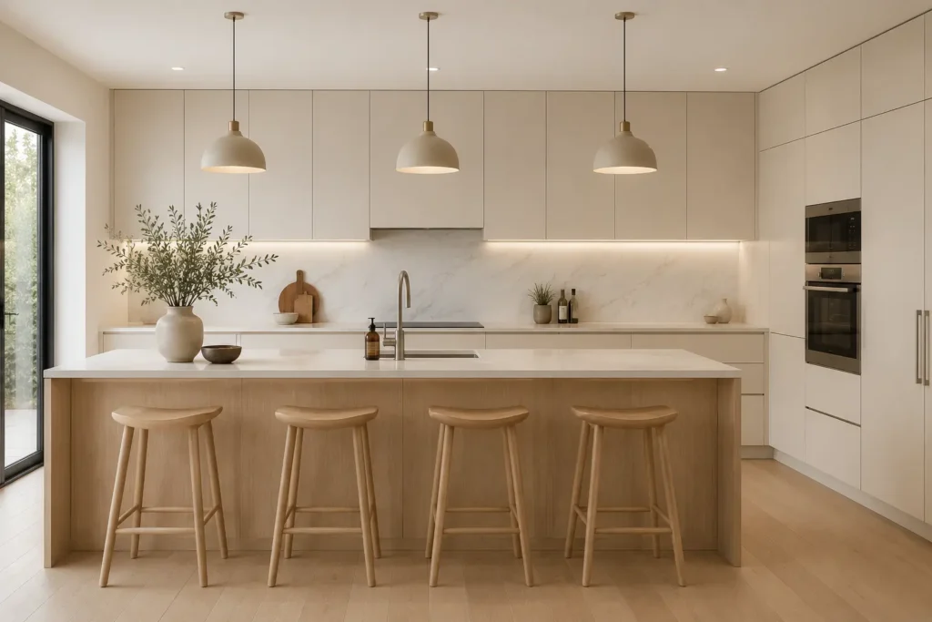 Minimal kitchen with white oak island and warm cream flat-front cabinets_Fury Carlson