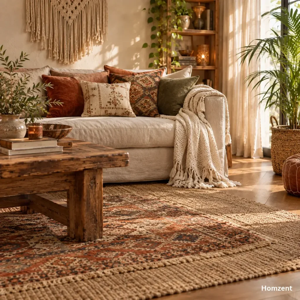 Layered boho rugs with jute base and vintage kilim top rug