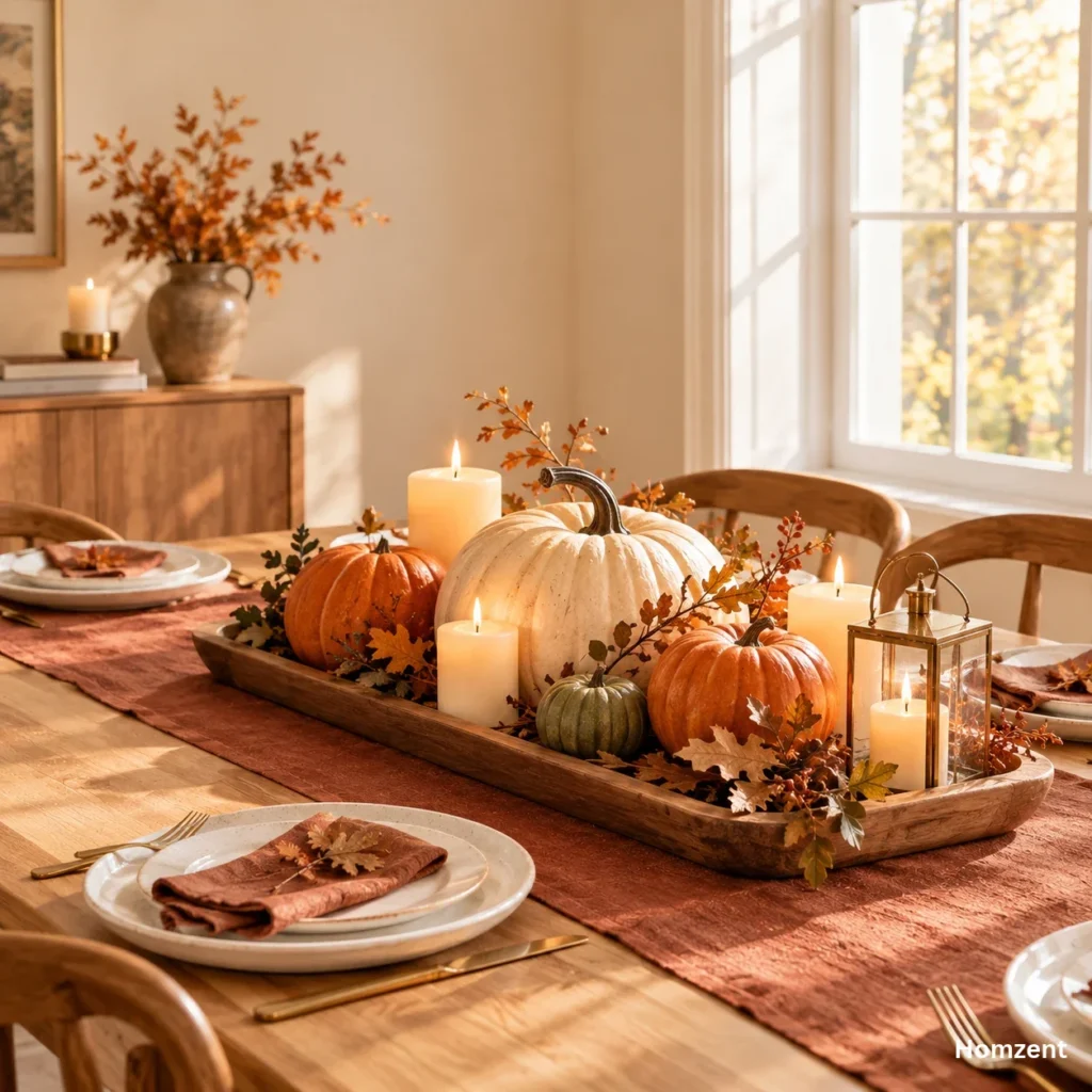 Layered-fall-tablescape-with-wooden-tray-mixed-pumpkins-and-pillar-candles