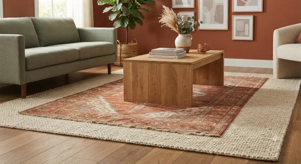 Layered-living-room-rugs-in-terracotta-and-cream-with-natural-wood-coffee-table