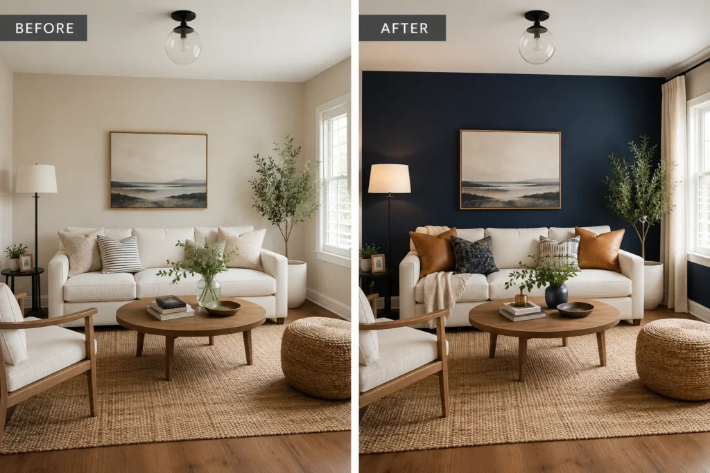 Living-room-accent-wall-transformation-in-deep-navy-blue-before-and-after