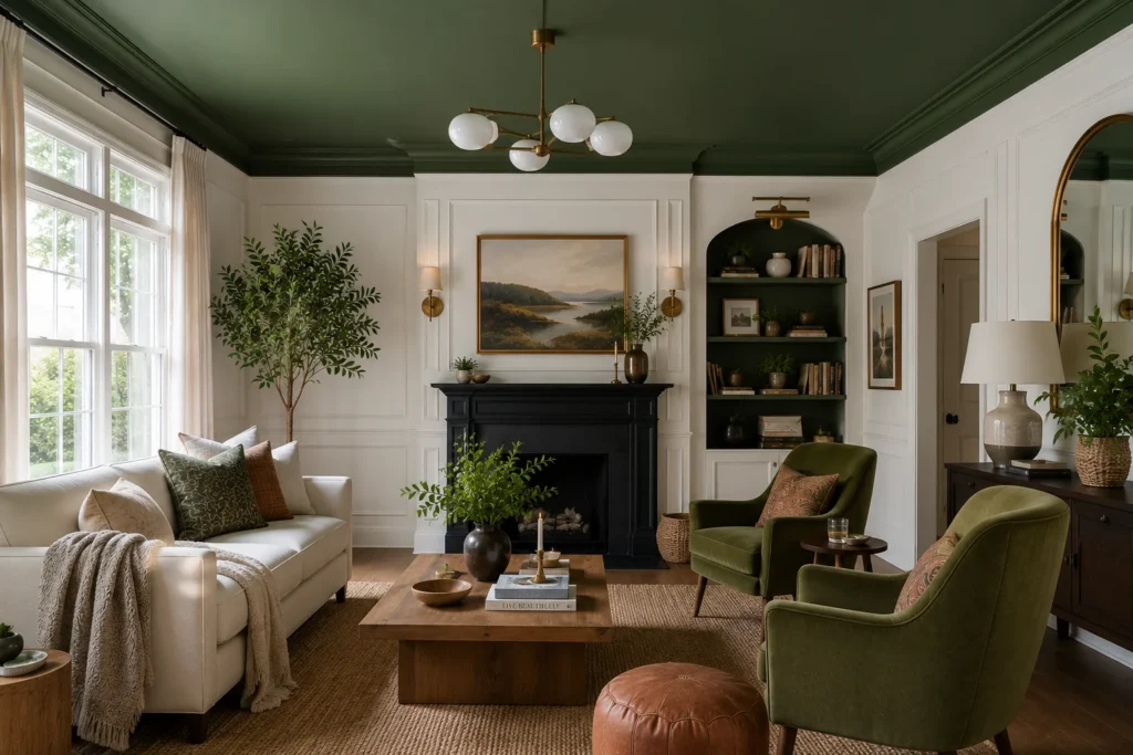 Living-room-with-colour-capped-green-ceiling-and-white-paneled-walls