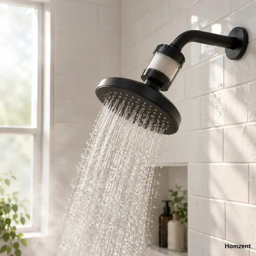 Matte-black-filtered-shower-head-with-multiple-spray-settings-in-tiled-shower