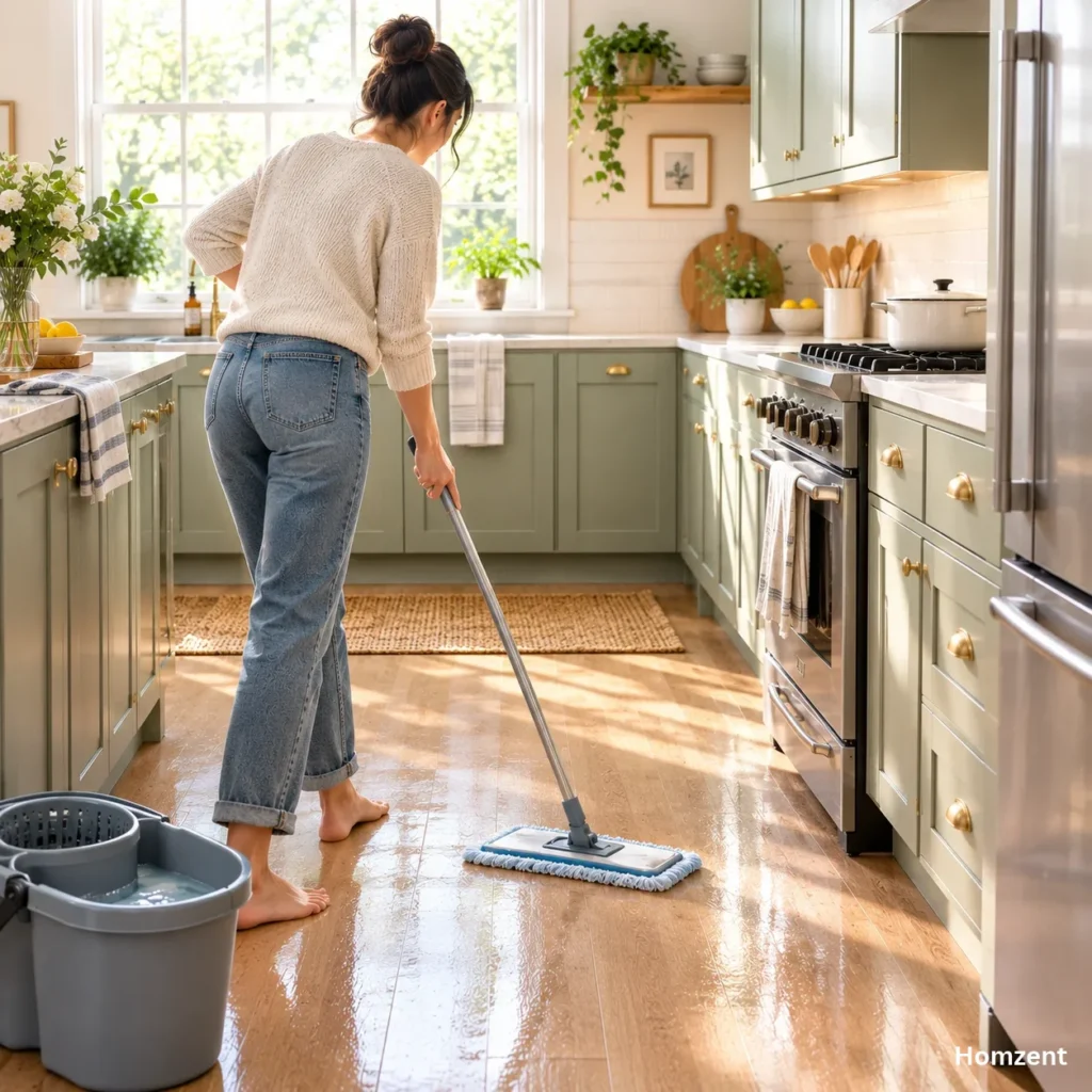 Mopping-kitchen-floor-with-microfiber-mop-and-hot-water