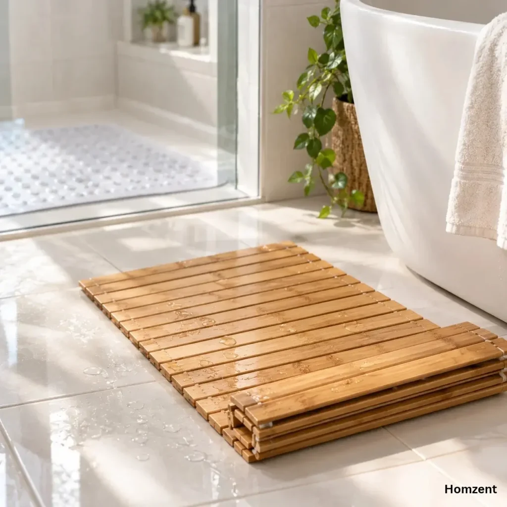 Natural bamboo bath mat on white tile bathroom floor next to freestanding tub