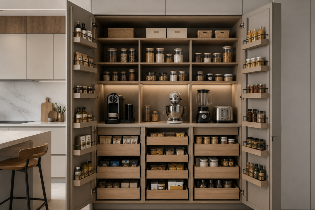 Minimal kitchen pantry wall with pull-out drawers and integrated appliance storage