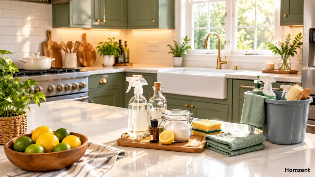 Person-cleaning-kitchen-counter-with-microfiber-cloth-in-organized-kitchen