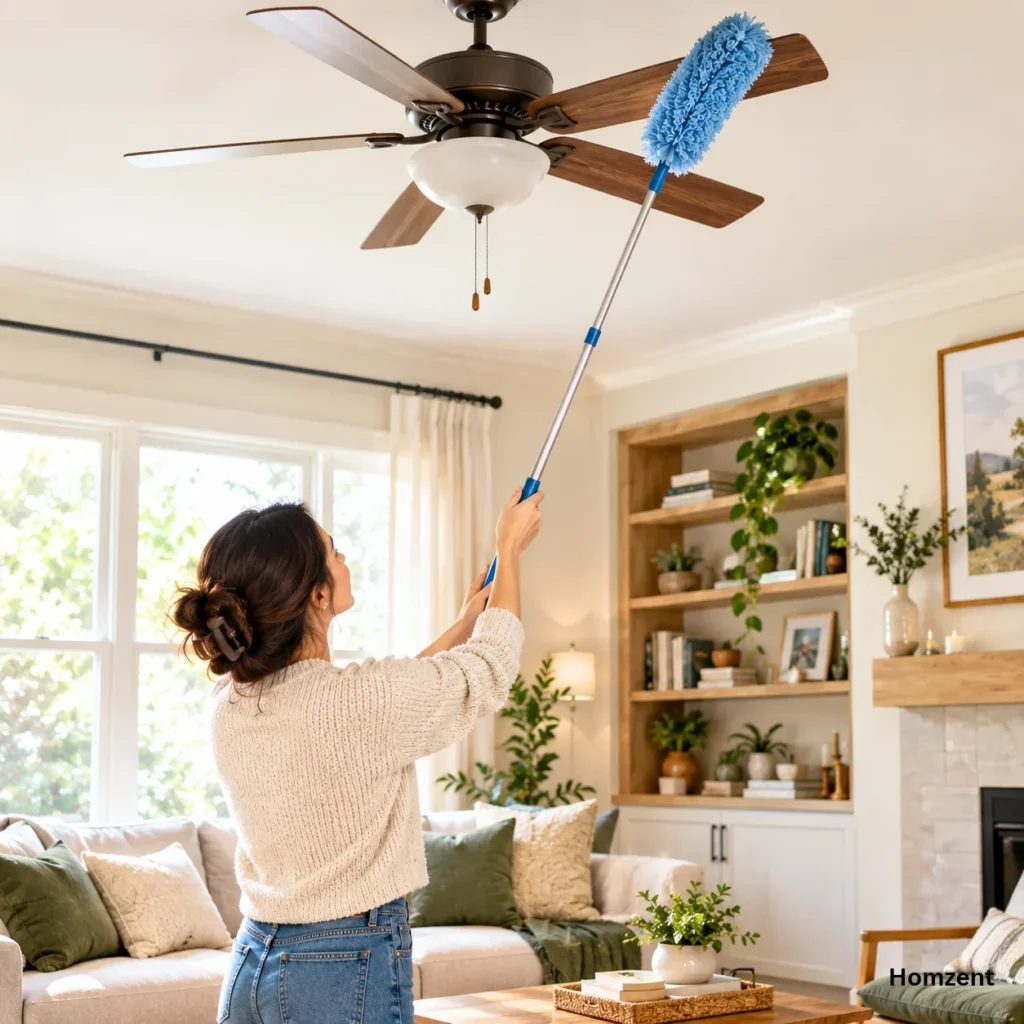Person-dusting-ceiling-fan-from-top-to-bottom-using-long-handled-microfiber-duster