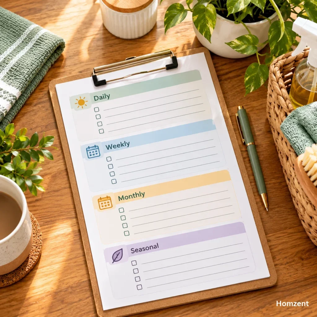 Printed-home-cleaning-schedule-checklist-on-clipboard-with-daily-weekly-and-monthly-tasks