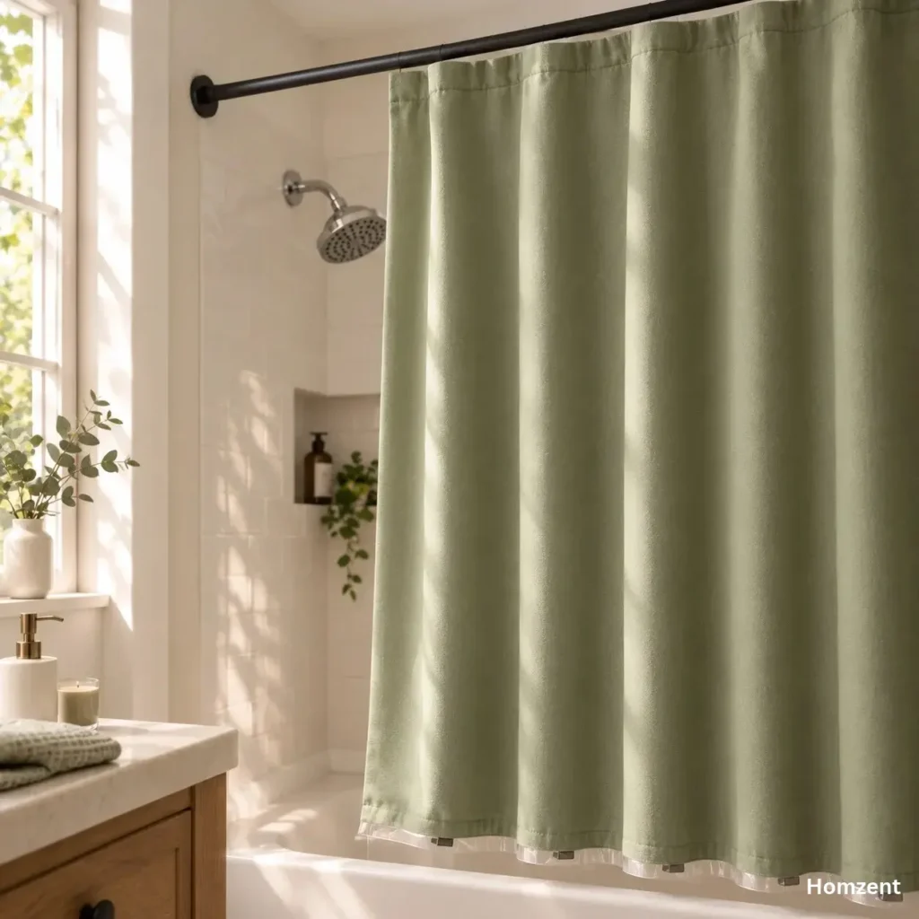 Ringless shower curtain in neutral linen texture hanging in modern bathroom