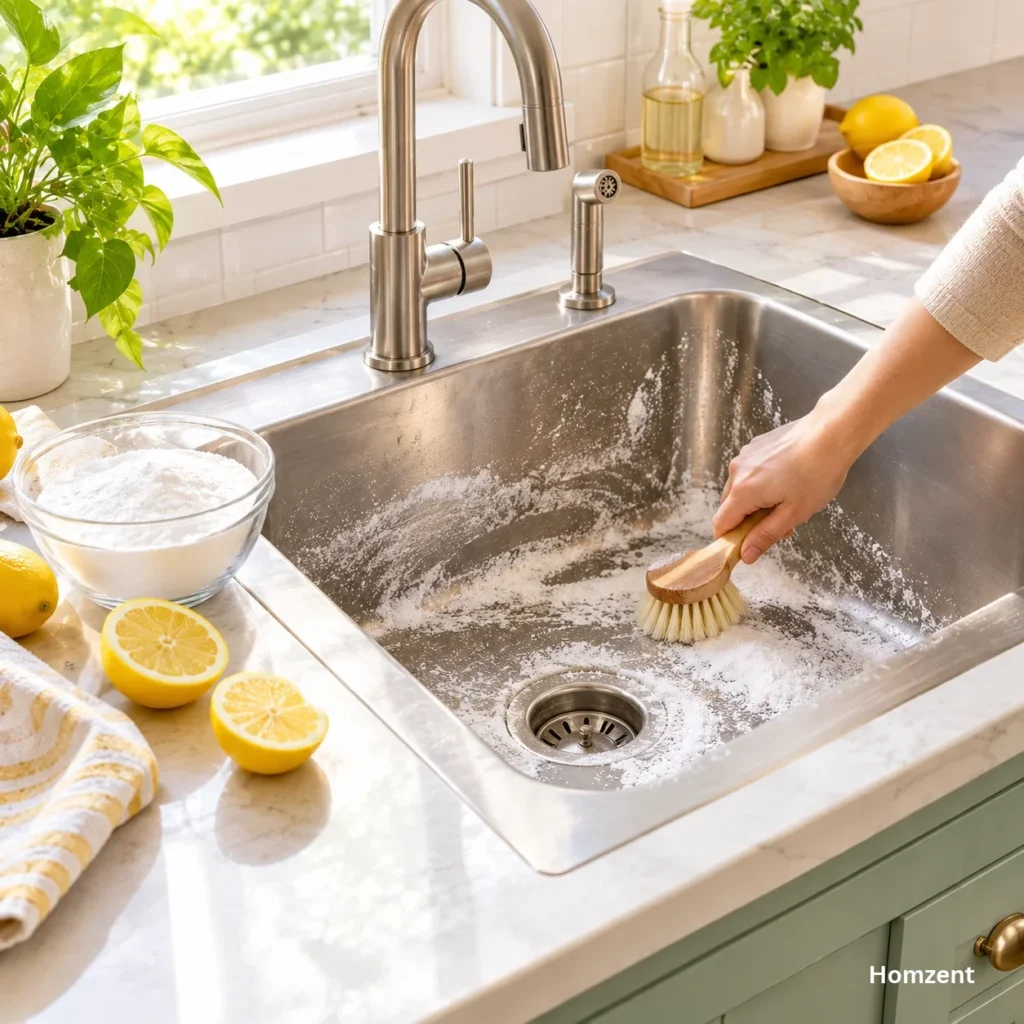 Scrubbing-kitchen-sink-with-baking-soda-and-lemon-for-deep-cleaning