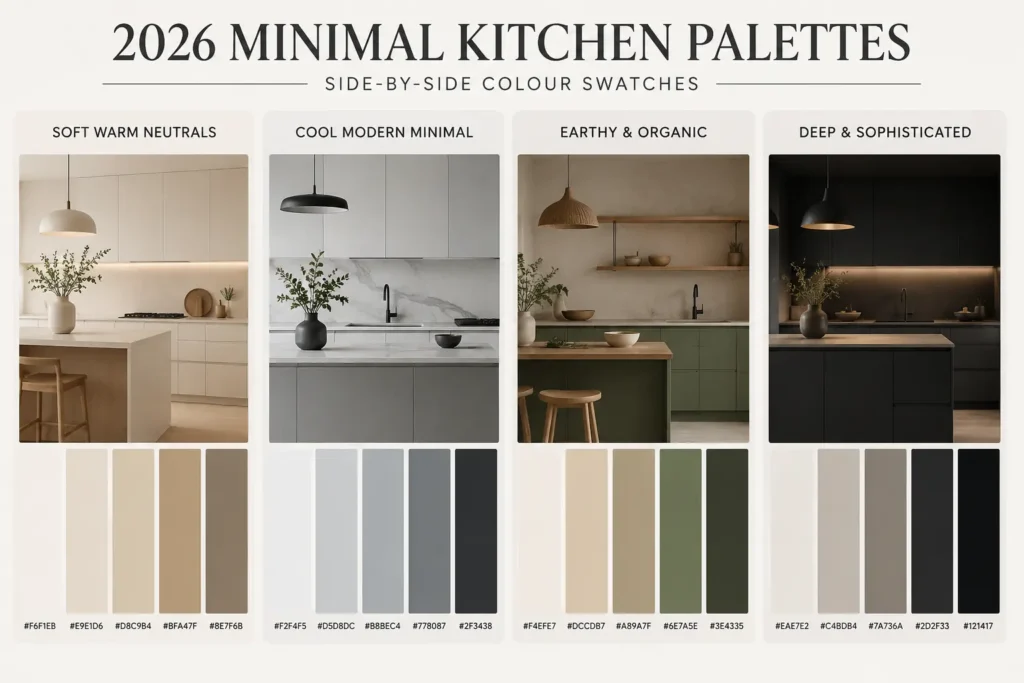 Side-by-side colour swatches showing 2026 minimal kitchen palettes