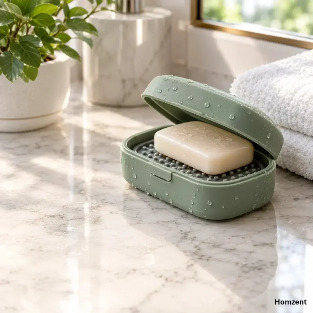 Silicone leakproof soap case with drainage pad in sage green color