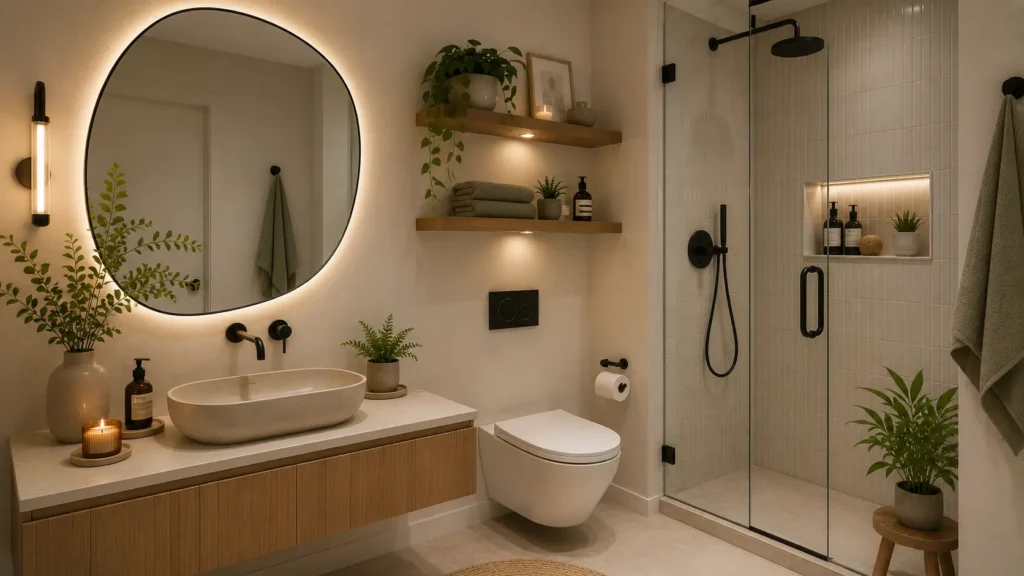 Small-bathroom-decor-trends-statement-mirror-matte-black-fixtures