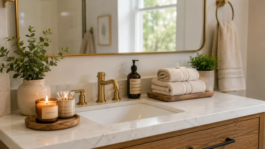 Small bathroom styling ideas with plants and coordinated towels