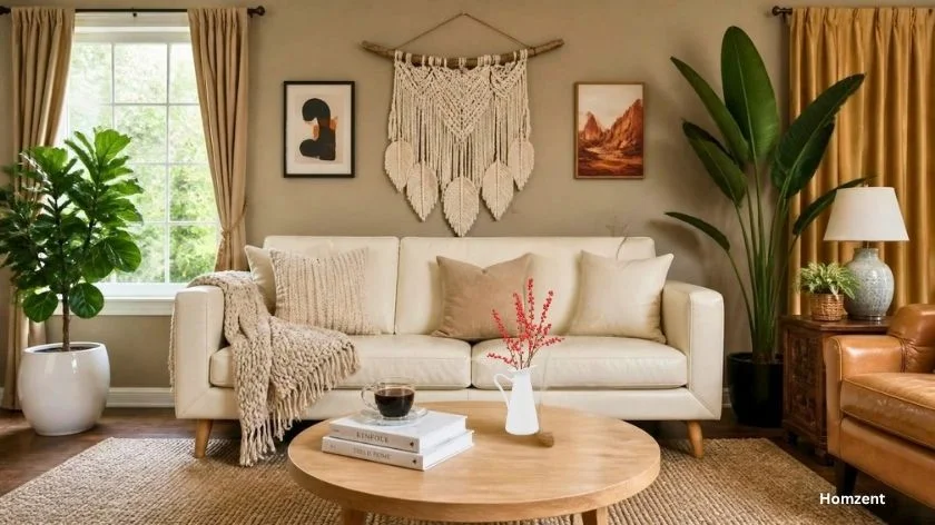 Textile-wall-hanging-above-a-sofa-with-layered-throws