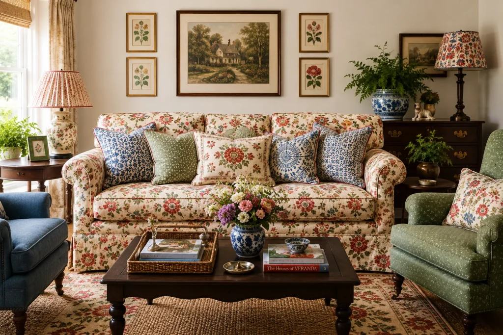 Traditional-living-room-with-floral-chintz-sofa-and-patterned-cushions