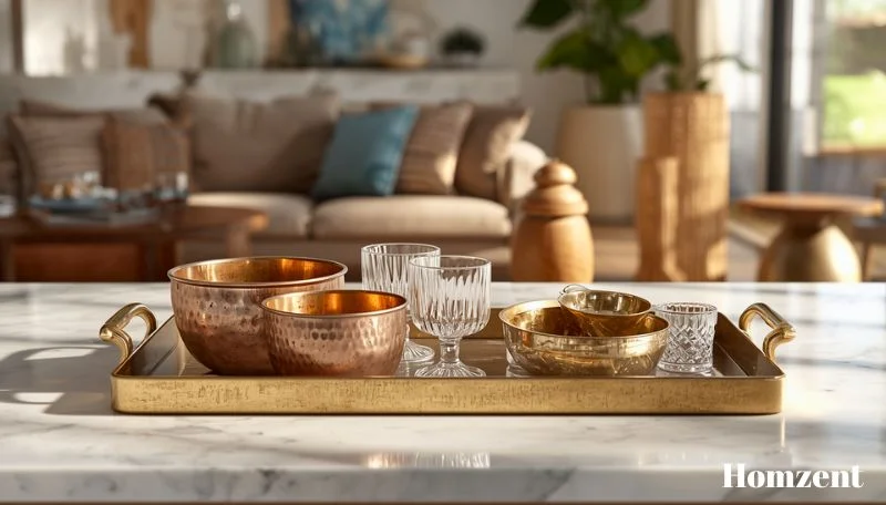 Vintage-brass-tray-and-copper-bowls-styled-on-a-marble-countertop