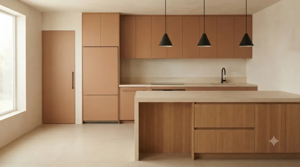 Warm minimalist kitchen with clay flat-front cabinets and white oak island in 2026