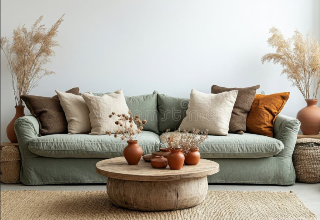 Warm terracotta living room with sage green sofa and oak coffee table