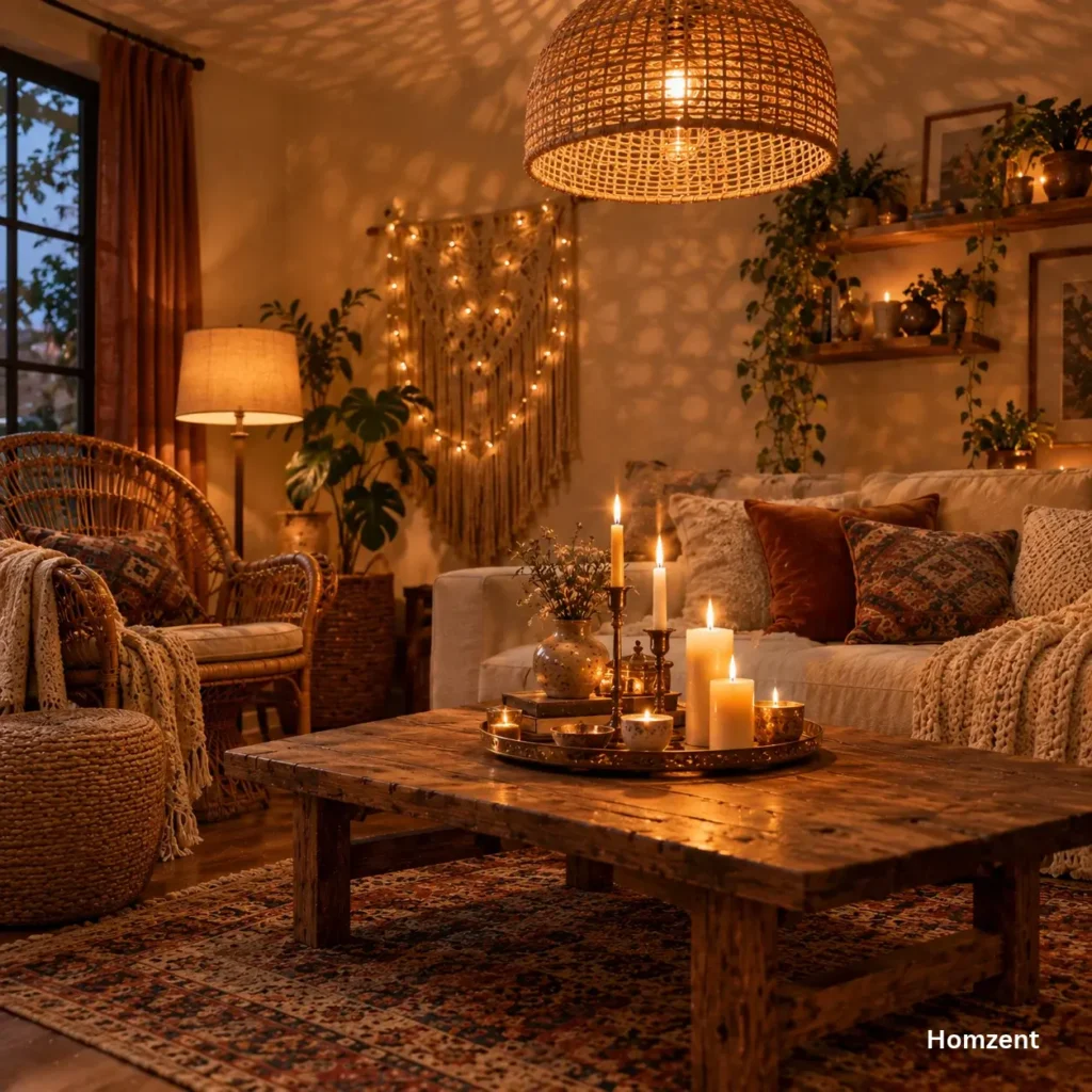 Woven rattan pendant light in boho dining room warm lighting