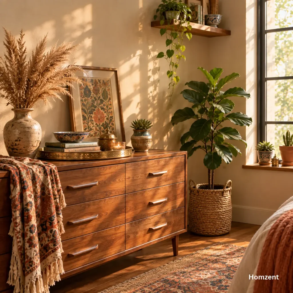 boho-decor-collected-objects-mid-century-dresser-brass-tray