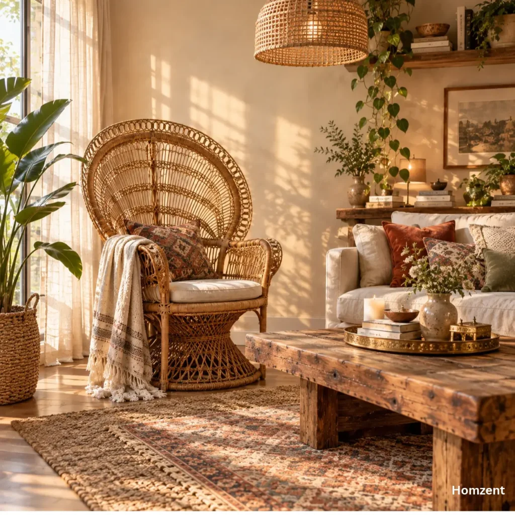 Natural materials in boho decor rattan chair and reclaimed wood