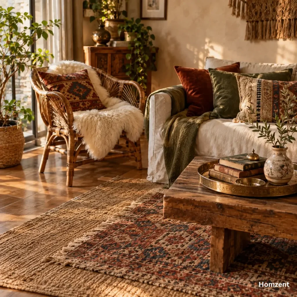boho-decor-three-foundations-layered-rugs-rattan-chair