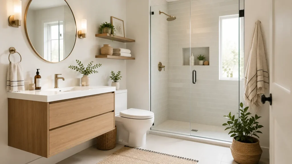 Small bathroom decor ideas with light colors and smart storage