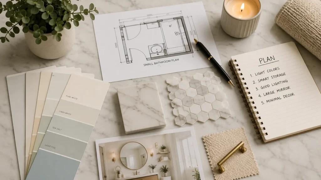 Planning a small bathroom makeover with color swatches