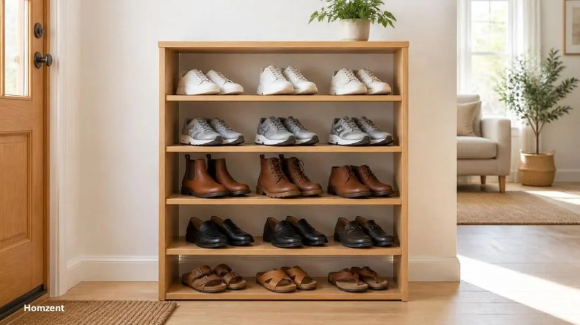 A-clean-entryway-with-a-wooden-5-tier-shoe-rack