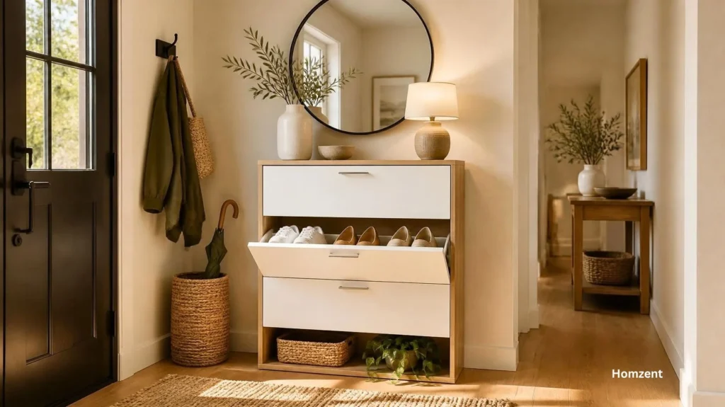 A-white-tilt-out-shoe-cabinet-in-an-entryway